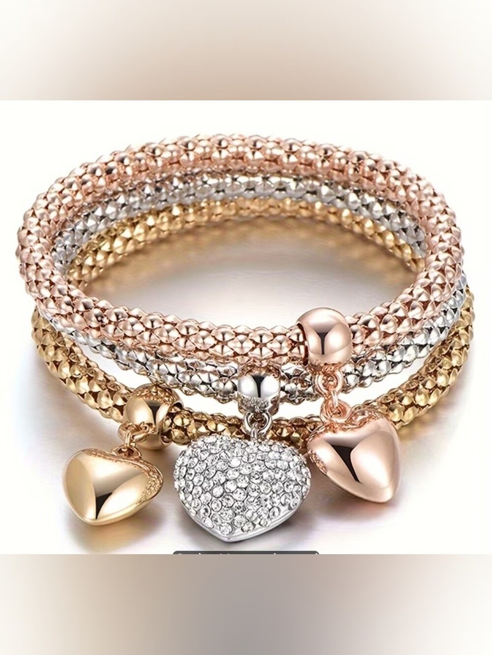 Tri-Tone Heart Charm Bracelet Set — Rose Gold, Silver & Gold